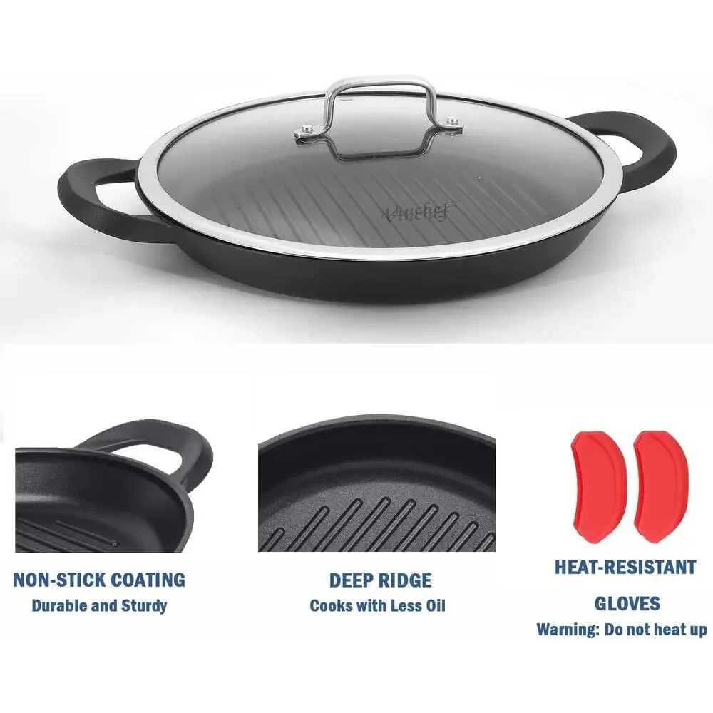 Vinchef Nonstick Grill Pan 13 In. Skillet, Indoor Induction Cast-aluminum & Lid